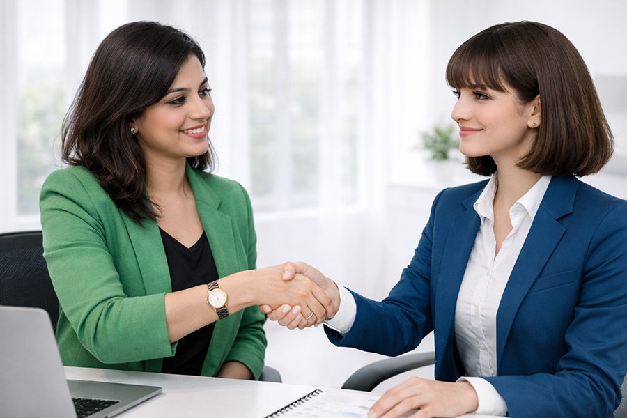 professional handshake in a modern office